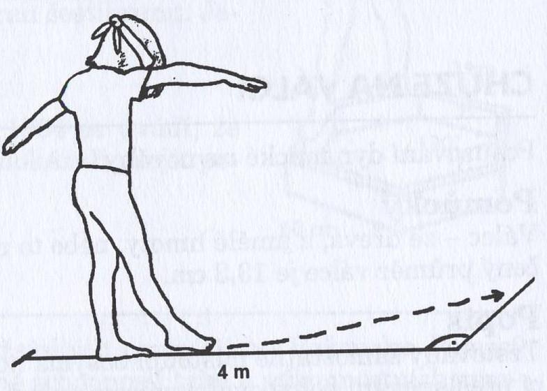TO má přejít bez zrakové kontroly čáru dlouhou 4m tak, že klade jednu nohu před