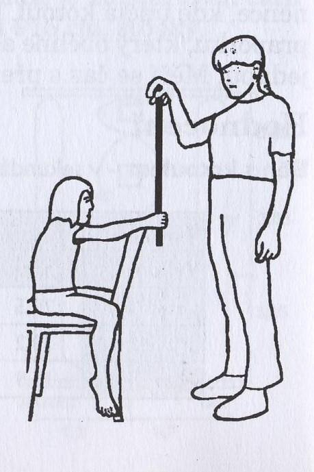 TO sedí opačně na židli, dominantní paži má zápěstím opřenou o opěradlo. Pomocník drží gymnastickou tyč se stupnicí od 0 do 50cm tak, že značka 0 je na úrovni spodního okraje ruky.