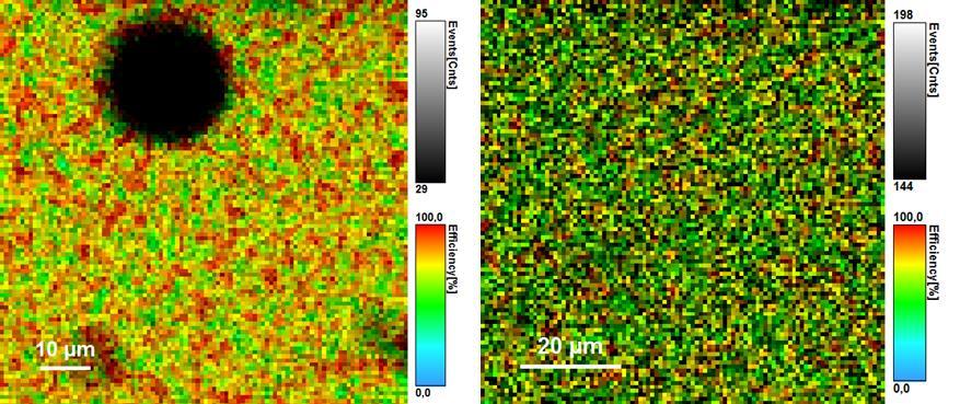 U prvních třech obrázků vidíme rozdíly různého hyaluronanu v gelech, kde byl jako akceptor požit fluorescein. Tmavá místa zobrazují bubliny v gelu, které se vytvořili při jeho přípravě.