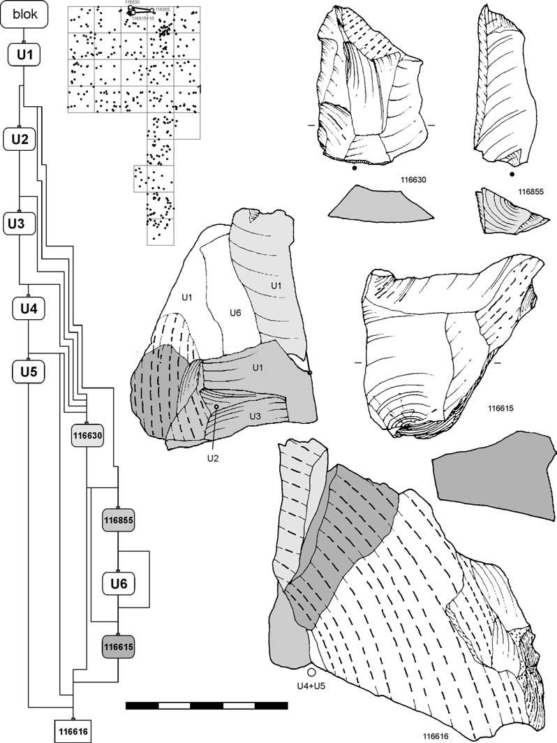 9. ARCHEOLOGIE STŘEDOPALEOLITICKÉHO SOUVRSTVÍ 1 3 V MORAVSKÉM KRUMLOVĚ IV Obr. 11. MKIV-3, vrstva 2. Skládanka subprizmatického jádra (č. 6). Fig. 11. MKIV-3, layer 2.