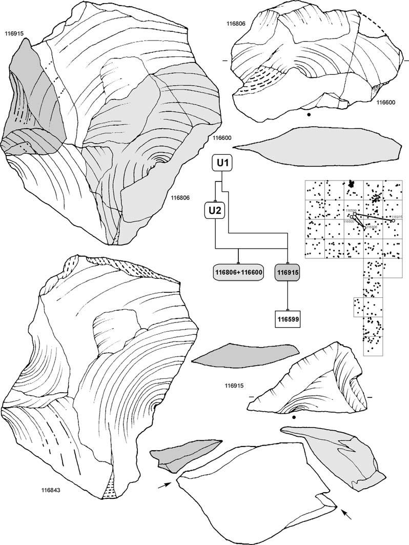 9. ARCHEOLOGIE STŘEDOPALEOLITICKÉHO SOUVRSTVÍ 1 3 V MORAVSKÉM KRUMLOVĚ IV Obr. 7. MKIV-3, vrstva 2. Skládanka (č. 1) subdiskoidního jádra (Kombewa sensu lato). Fig. 7. MKIV-3, layer 2. Refitting (No.