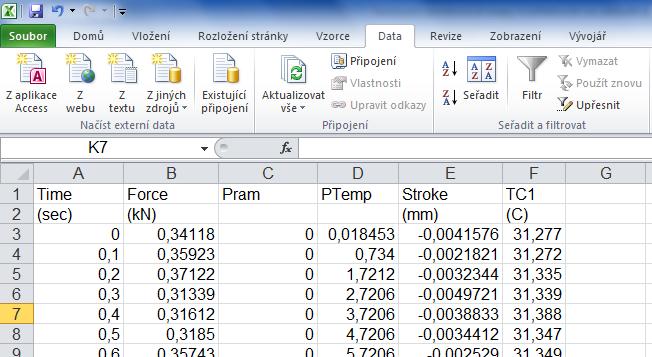 Následně se Vám do sešitu Excelu načtou data z daného plastometrického testu viz obr. 8.