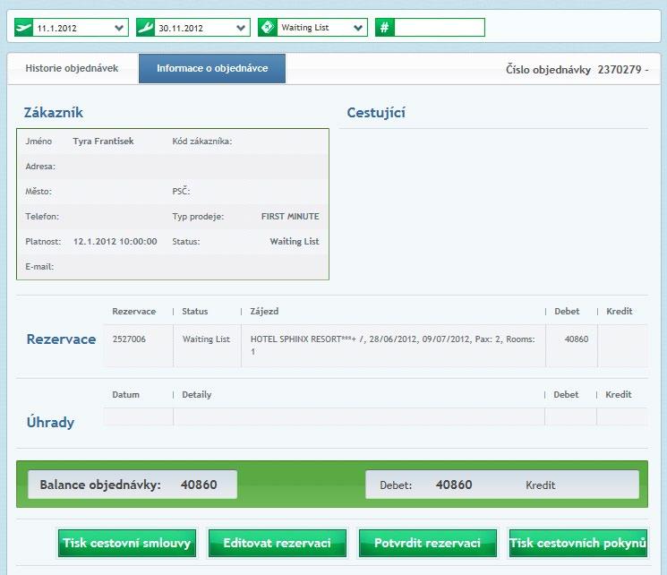5. Historie objednávek Pro zobrazení detailních informací o objednávce klikněte na požadovanou objednávku. Tisk cestovní smlouvy Možnost znovu vytisknout cestovní smlouvu.