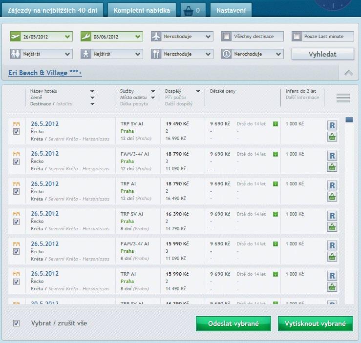9. Systém nabídek: Special Offer System (S.O.S.) Kliknutím na název hotelu se zobrazí vámi vybraný hotel s možností výběru z více termínů odletů.