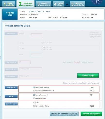 4. Jak vytvořit ONLINE rezervaci / objednávku 4.3. Výběr služeb V případě nutnosti blíže specifikovat typ ubytování zvolíte možnost vámi požadované ubytování. Např.