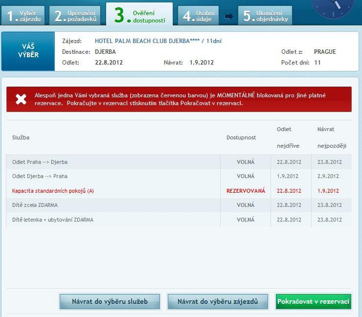4. Jak vytvořit ONLINE rezervaci / objednávku 4.4. Výsledek dostupnosti zájezdu Pokud alespoň jedna vámi vybraná služba je momentálně blokovaná pro jiné platné rezervace, bude zobrazena červenou barvou.