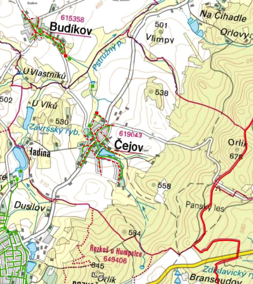 MAPA - KANALIZACE Trasování sítí, lokalizace ČOV, čerpacích stanic, výústí, odlehčovacích komor