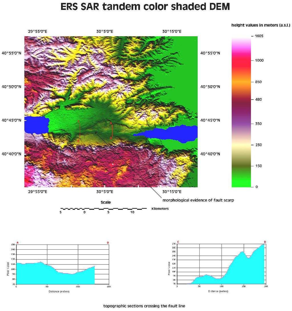 Izmit, Turecko, LANDSAT TM321 (RGB) Izmit, Turecko Model terénu sestavený z interferometrických měření družic ERS 1