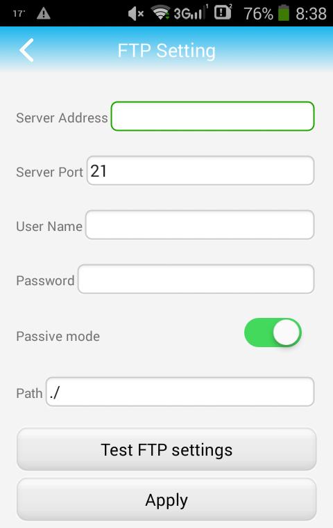 10) Nastavení FTP Pokud si přejete odesílat z kamery snímky na Vaše FTP úložiště, je třeba ho nastavit v menu nastavení pod volbou FTP Setting.