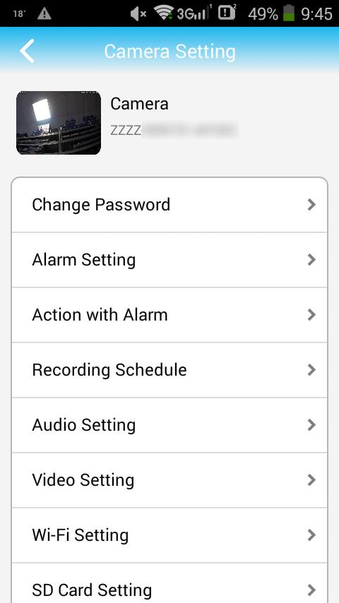 Aplikace Vám umožní změnit heslo kamery, nastavení akce při zaznamenání