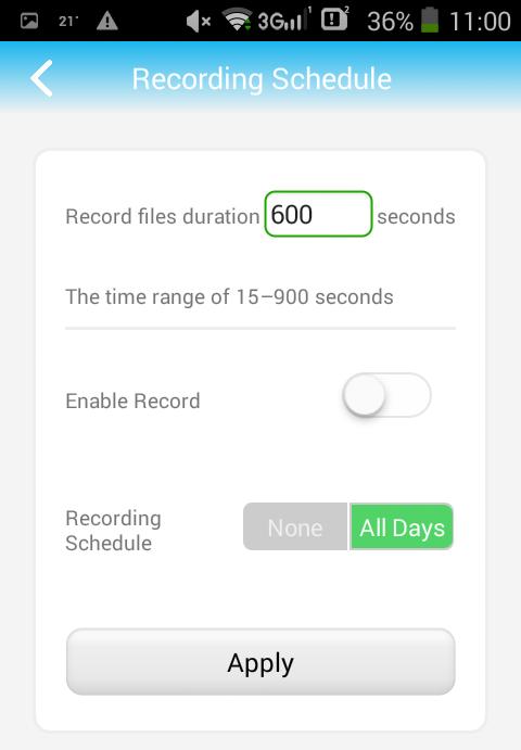3) Nastavení sekvence nahrávání Nastavení otevřete volbou Recording Schedule. První pole Record files duration určuje délku každého záznamu.