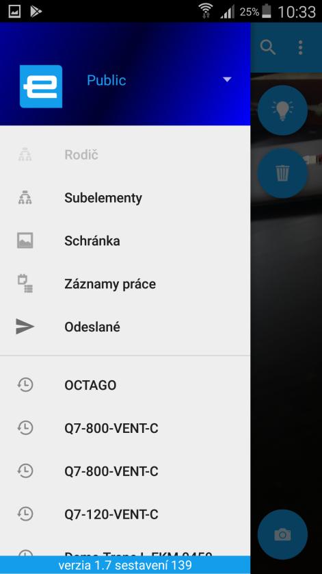 Menu základních funkcí Nabídka dílčích informací Schránka souborů Záznamy práce Odeslané položky Seznam posledně načtených elementů Subelementy - zařízení, ktéré jsou v hierarchií pod načteným