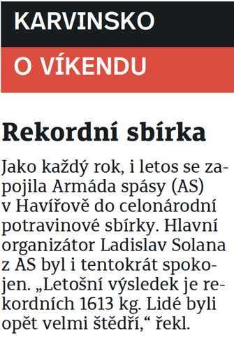Armáda spásy Havířovský deník Rekordní sbírka 13.11.2017 Havířovský deník str.