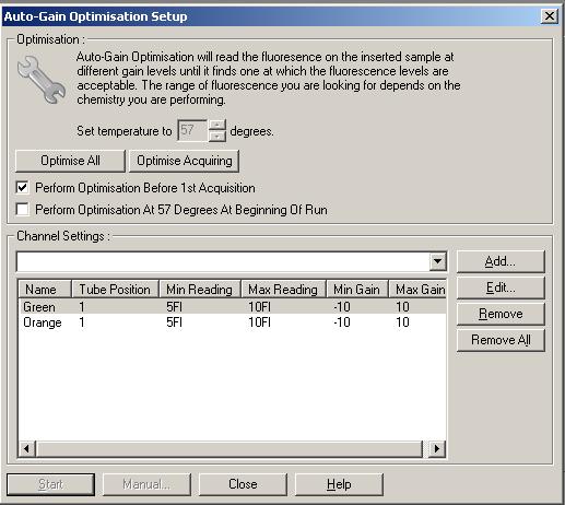 2. nastavte fluorescenční kanály dle obrázku níže: teplotu na 57 o C a zaškrtněte políčko Perform Optimisation Before 1st Acquisition 3. umístěte PCR zkumavky do přístroje 4.