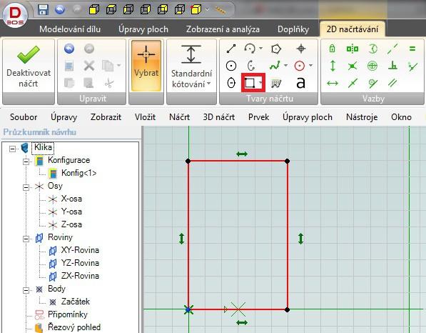1. Vyberte Obdélník dvěma rohy z panelu Tvaru náčrtu. 2. Klepněte do počátku souřadnic a tažením myši vytvořte obdélník, dalším kliknutím ukončíte tvorbu obdélníku. 3.
