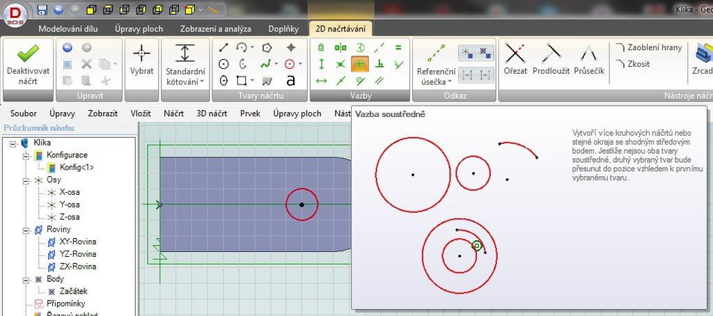 1. 2. 3. 4. 5. Vyberte kružnici z panelu Tvary náčrtu. Vložte kružnici o průměru 10 mm na osu vybrané plochy.