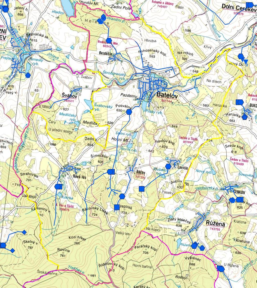 MAPA - VODOVODY Trasování sítí, lokalizace vodojemů, zdrojů, čerpacích stanic, ATS, ÚV Vodovodní řady Vodojem zemní