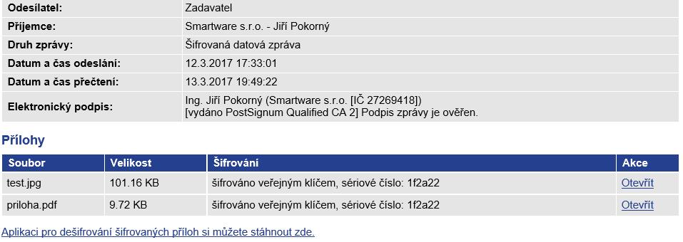 Obr 18: Šifrovaná zpráva s odkazem ke stažení aplikace pro dešifrování. Obr 19: Aplikace pro dešifrování šifrovaných souborů dodaným vloženým klíčem.