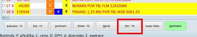 Úpravy v programu 13 (zobrazuje se u nich některý z příznaků nalezeného problému při kontrole) Na formuláři detailu příjemky se nachází nové tlačítko Filtr F9 (Obrázek 1.