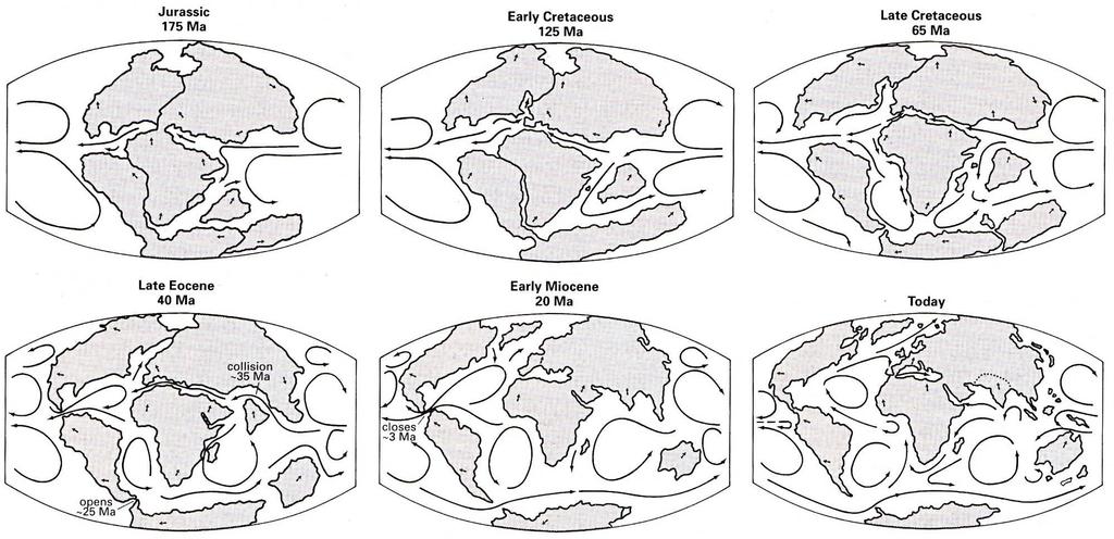 Rozložení kontinentů změny mořských proudů změny polohy kontinentů a jejich vliv na mořské proudy během posledních 175 mil.