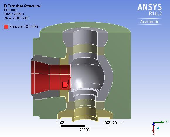 Obr. 29 Okrajová podmínka na vstupním hrdle Ve středové části ventilu je tlak 12,4 MPa (Preassure C). Dále působí kolmo na sedlo ventilu síla od uzavíracího elementu o velikosti 11 500 N (Force B).