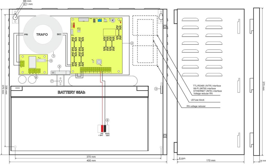 2) TAMPER; mikropřepínač (kontakt) antisabotážní ochrany (NC) F MAINS pojistka obvodu napájení (230V/AC) L-N svorky