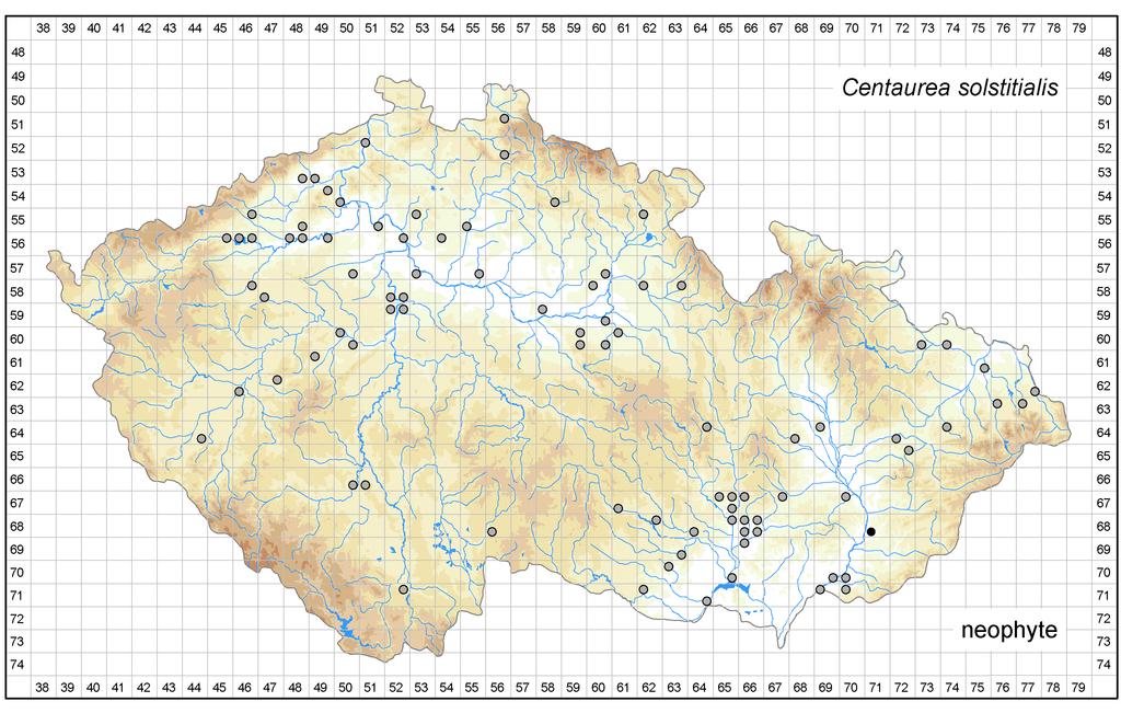 Distribution of Centaurea solstitialis in the Czech Republic Author of the map: Petr Koutecký Map produced on: 06-02-2018 Database records used for producing the distribution map of Centaurea