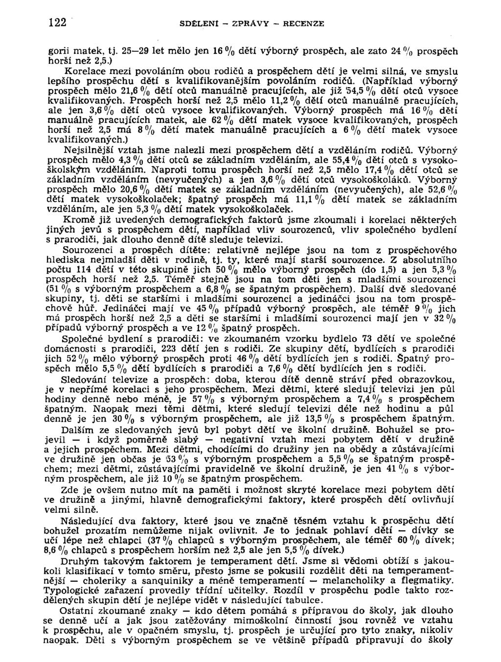 122 SDELENt - ZPRÁVY - RECENZE gorii matek, tj. 25 29 let mělo jen 16 % dětí výborný prospěch, ale zato 24 % prospěch horší než 2,5.