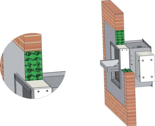 POZICE: 1 Klapka MSD - provedení IB1 2 Tuhá stěnová konstrukce oddělující první požární úsek od následujícího 3 Protipožární izolace 4 Požární ochranná stěrka tl.