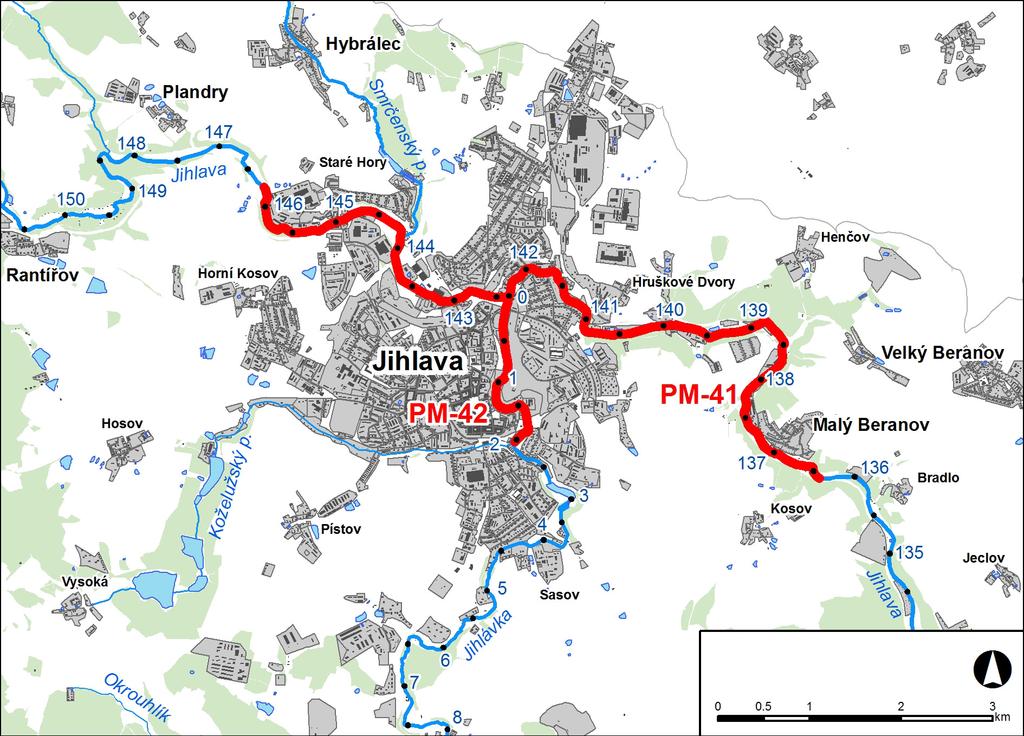 1. LOKALIZACE Předmětem řešeného území je úsek na toku Jihlava v km 136,393 146,232 a na toku Jihlávka v km 0,000 2,028*. Obr. č. 1 Přehledná mapa řešeného území 2.