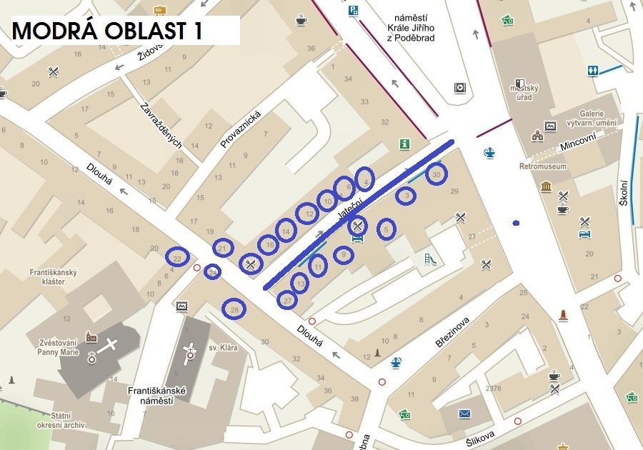 Počet rezidentních a abonentních karet v MODRÉ OBLASTI 1 a vymezení žadatelů MODRÁ OBLAST 1 Jateční - celý úsek ulice 16 Žadatelem pro OBLAST 1 může být abonent mající sídlo, provozovnu, či místo