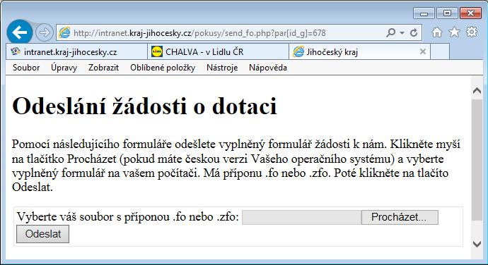 Odeslání vyplněné elektronické žádosti do informačního systému Jihočeského kraje Odeslání se provádí tlačítkem, které se (zároveň s ostatními tlačítky) objeví na webu u vyhlášení dotace (viz ) v