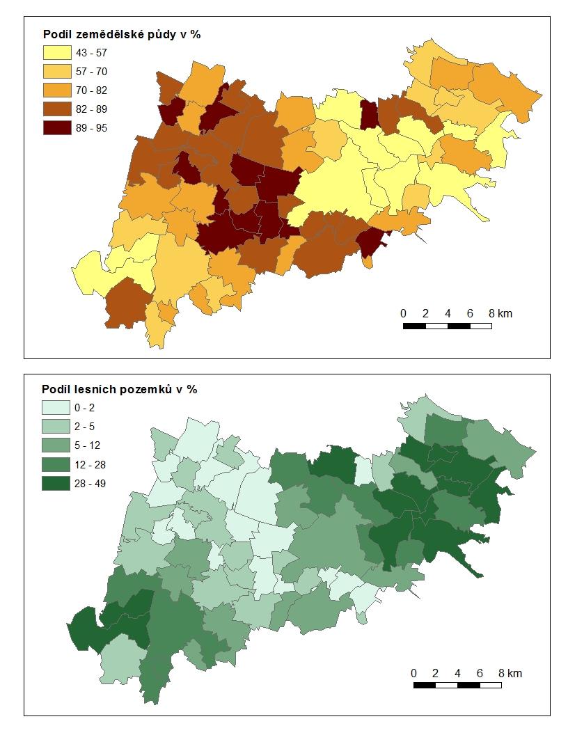 Příloha 2: Mapy procentuálního zastoupení zemědělské půdy a lesních