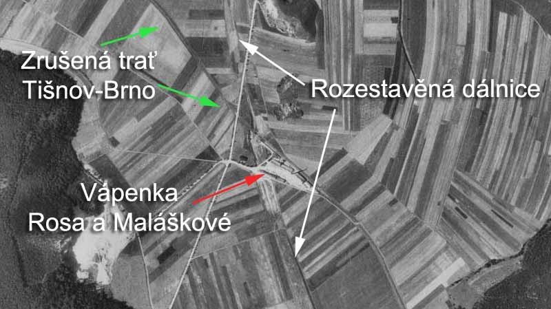 Obr. č. 10: Stavbou dálnice dotčená vápenka Rosa a Maláškové nedaleko Čebína.