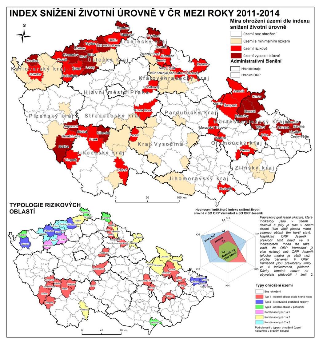 apa 42: Oblasti se sníženou životní úrovní v ČR mezi roky 2011-2014 Zdroj a poznámka: Specializovaná mapa, z níž je výše uvedený výřez, byla zpracovaná v rámci projektu Výzkum regionů postižených