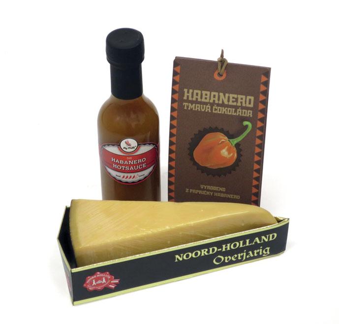 Dárková sada s goudou a chilli Výseč holandské Goudy staré 2 roky 300g Tmavá čokoláda jordis s chilli