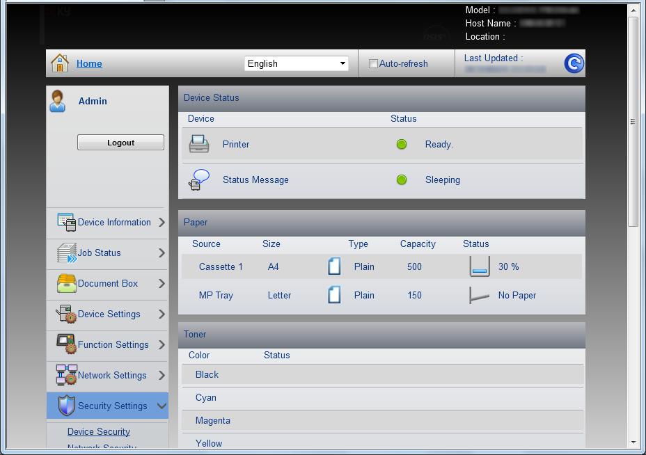 Úpravy nastavení zabezpečení Tato část popisuje, jak měnit bezpečnostní nastavení. 1 Podle návodu v Přístup do Embedded Web Server RX na straně 2-5 spusťte Embedded Web Server RX.