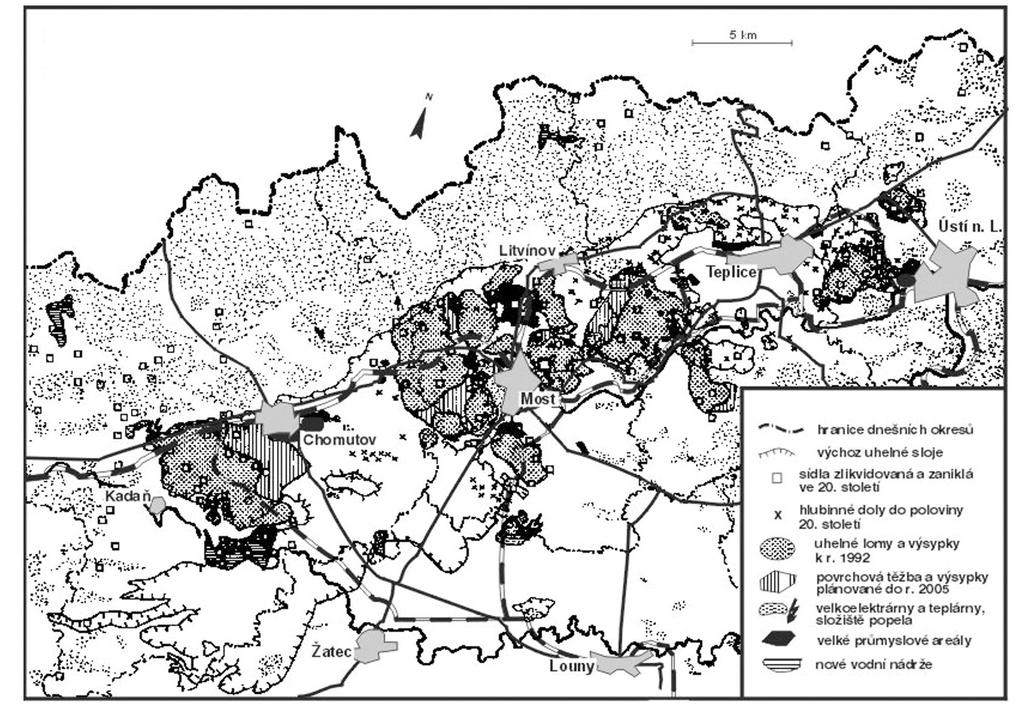 Obr.3 - Mapa hlubinných dolů a povrchových lomů.