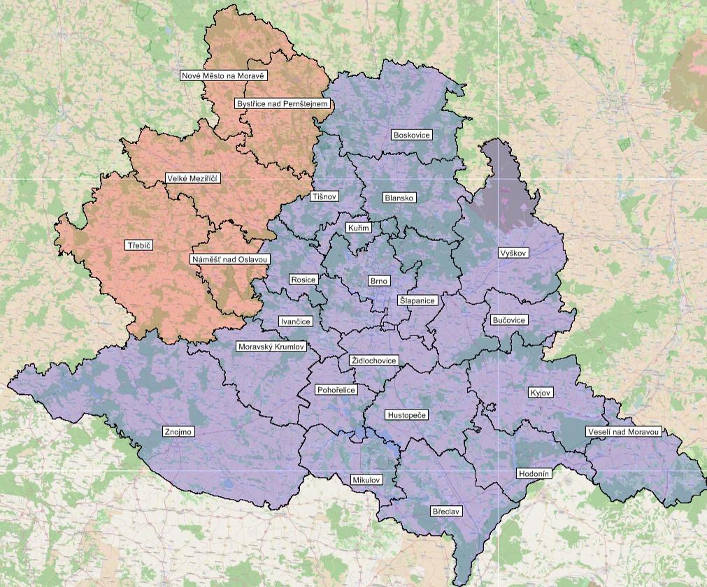 2. Analýza stávajících dopravních sítí Vymezení relevantního území k ŽUB Řešené území pro účely dopravního modelu obsahuje vedle území města Brna celý Jihomoravský kraj a část okresů Třebíč (území