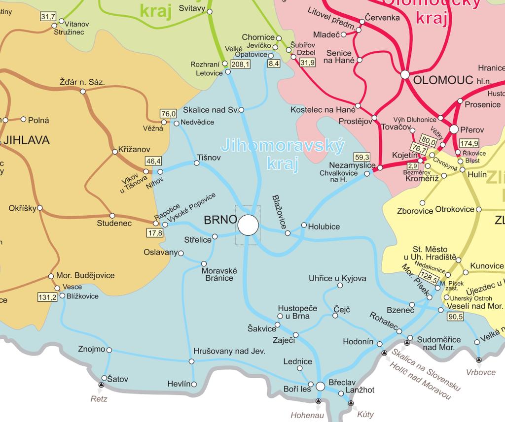 Obrázek 3 Síť železničních tratí dle krajů Zdroj: SŽDC Silniční síť Silniční infrastruktura slouží z hlediska veřejné dopravy pro provozování autobusové městské, regionální a dálkové dopravy.