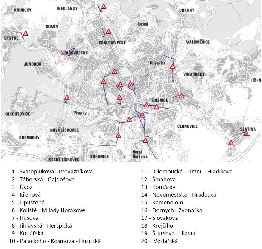 Obrázek 11 Problémová místa z hlediska plynulosti provozu MHD Zdroj: Program pro MHD = Program pro Brno 2.5.3. Síť městské hromadné dopravy 2.5.3.1. Tramvajová doprava Největším problémem tramvajové sítě je její přetížení v centrální části, které se projevuje častými zpožděními.