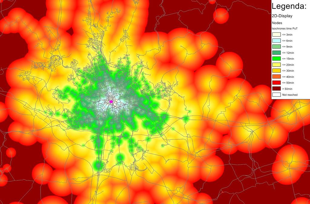 Obrázek 23 Časová dostupnost Brno-Hlavní nádraží (přednádražní prostor) Zdroj: dopravní model, AF-CityPlan 3.5.2. Brno-Židenice V zastávce Židenice, nádraží je přímý přestup možný pouze na autobusy.