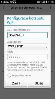 Přístupový bod zapnete/vypnete zaškrtnutím pole na konci řádku Přenosný hotspot WiFi.