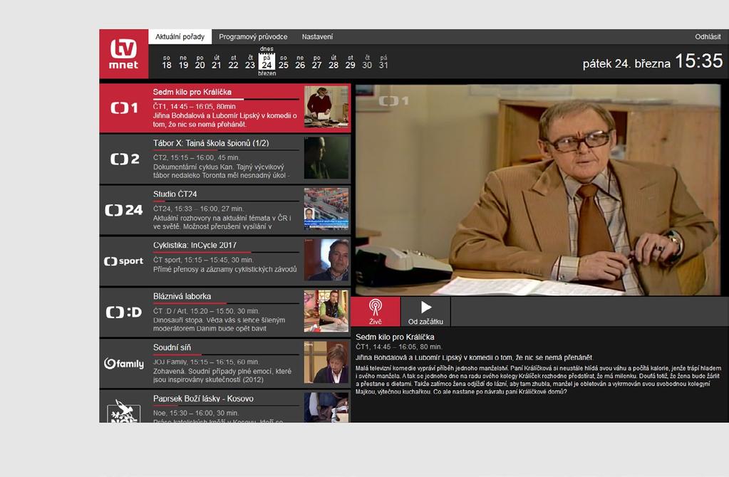4.3. Aktuální pořady V záložce Aktuální pořady, je seznam dostupných televizních stanic, informace o aktuálně vysílaných