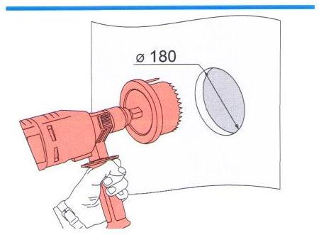 Jádrová vrtačka nebo vrtačka s frézovacím vrtákem pro vytvoření otvoru ø 180 mm, nástroj pro vyfrézování drážky, kladívko, sekáček. Podmínky: Zdivo je suché a vhodné pro montáž.