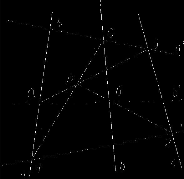 Je-li O ^ (a', b), má rovina (2, b) na rovině (1, 3, 4) stopu 10, přímka 2B na ní stopník P; spojnice 3P je stopou roviny (B, c) na rovině (1, 3, 4) a určí na a bod Q, BQ b' jest přímka čárkované