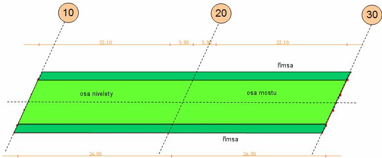 1.2 Popis systému Obrázek: situace, půdorys mostu o dvou polích s rozpětím dvakrát 26,0 m Výpočetní model zohledňuje historii statického systému, průřezů