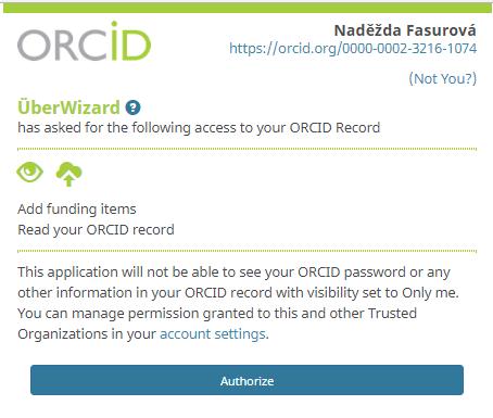 Importem z UberResearch (Link Funding) prostřednictvím služby Wizard for ORCID.