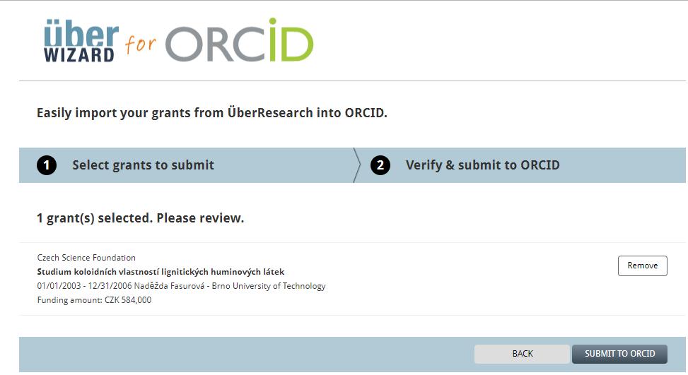 Potom kliknete na tlačítko Submit to ORCID: