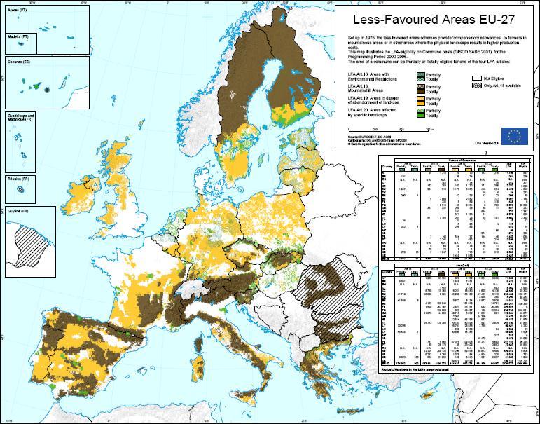 Obr. 1 rozsah méně příznivých oblastí v EU Zdroj: Komise 2008 Poznámky: Horské obl. hnědé, Ostatní LFA žluté, Specifická omezení zelené, šrafované jen část územní jednotky v daném typu.